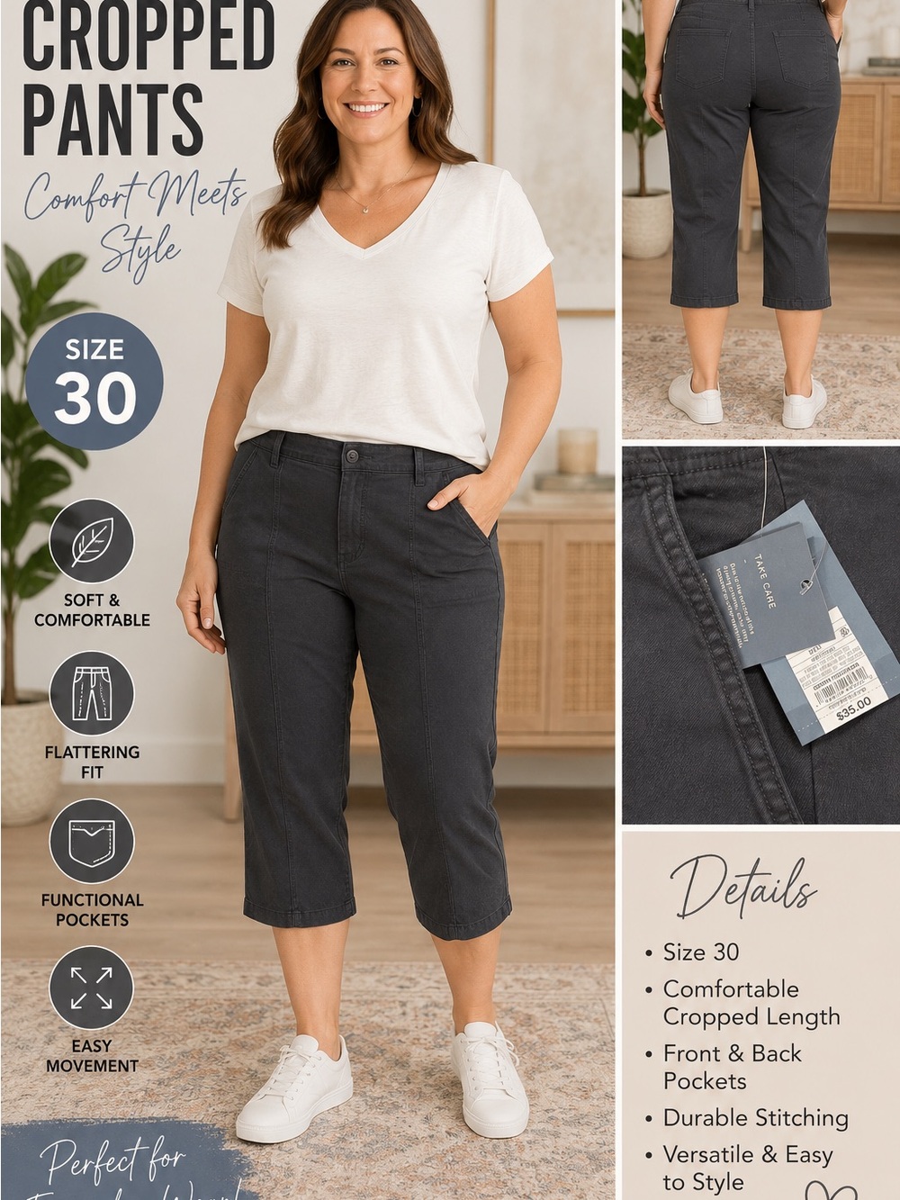 Universal Threads Women's Cropped Capris — Charcoal Black Sz. 30